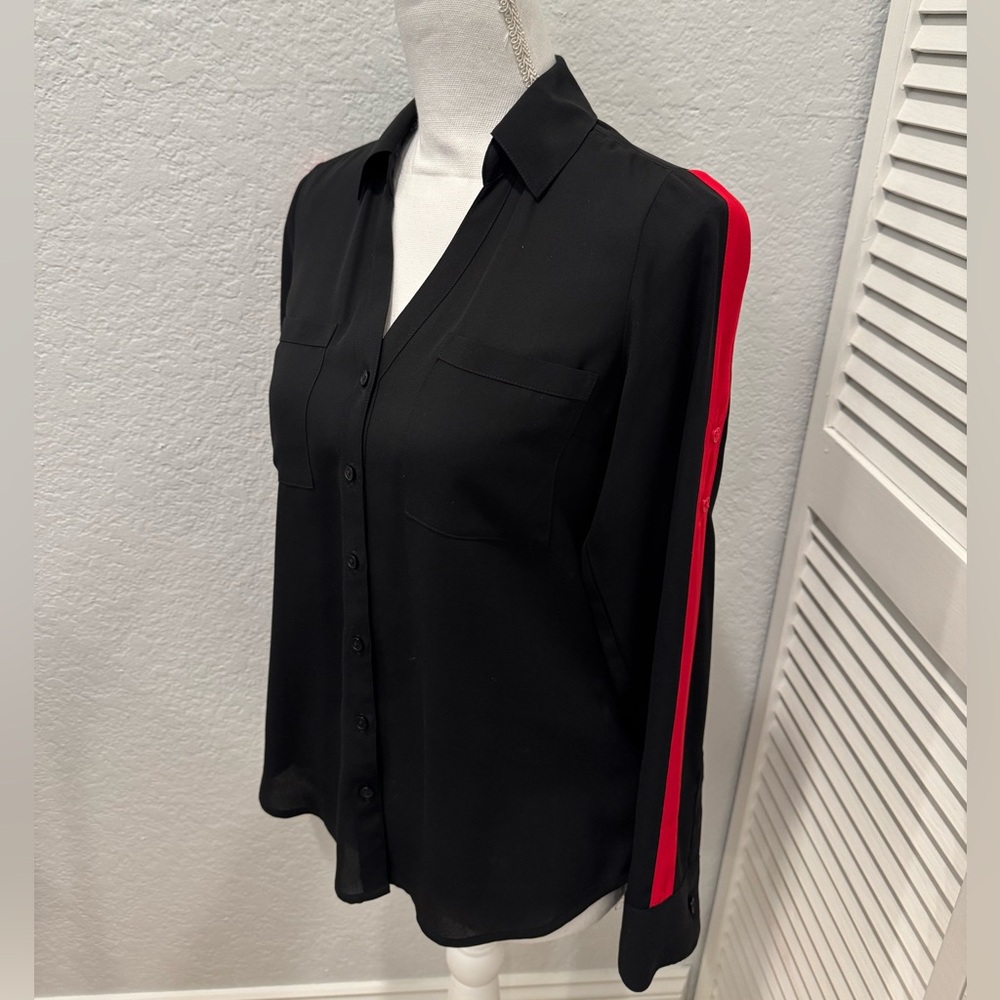 Express Portofino Slim Fit Black Button-Down Shirt with Red Stripe on Sleeves